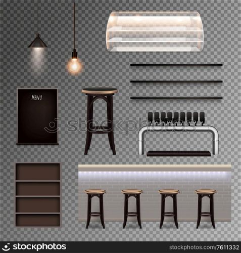 Pub interior realistic set of bar stools menu board lamps draft beer tap on transparent background isolated vector illustration