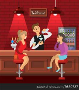 Pub or bar in red color with bricks wall and lamps, characters talking. Woman discussing events, friends nightlife of people. Bartender pouring alcoholic cocktail for girls sitting on stools. Vector. Female Friends Talking in Bar, Barman with Drink