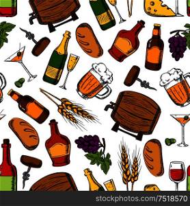 Pub whiskey, drinks and snacks seamless background. Wallpaper with vector pattern icons of whiskey, wine, beer, cheese, olives, wheat, grape, barrel, bread loaf corkscrew champagne. Pub whiskey, drinks, snacks seamless background