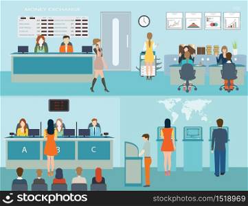 Public access to financial services to banks, bank interior, counter desk, cashier, consulting, presenting, queuing for ATM, currency exchange,Banking concept vector illustration.