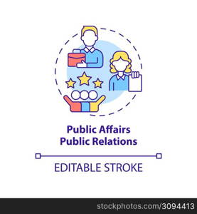 Public affairs PR concept icon. Organization promote. Types of promoting firms abstract idea thin line illustration. Isolated outline drawing. Editable stroke. Arial, Myriad Pro-Bold fonts used. Public affairs PR concept icon