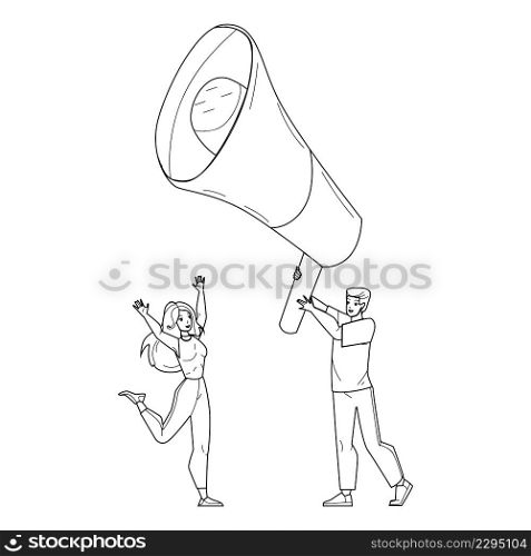 Public Alert Man And Woman At Loudspeaker Black Line Pencil Drawing Vector. Young Boy And Girl Managers Public Alert Or Social Media Advertising In Megaphone Together. Promotion Illustration. Public Alert Man And Woman At Loudspeaker Vector
