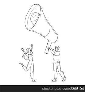 Public Alert Man And Woman At Loudspeaker Black Line Pencil Drawing Vector. Young Boy And Girl Managers Public Alert Or Social Media Advertising In Megaphone Together. Promotion Illustration. Public Alert Man And Woman At Loudspeaker Vector