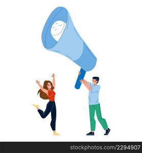 Public Alert Man And Woman At Loudspeaker Vector. Young Boy And Girl Managers Public Alert Or Social Media Advertising In Megaphone Together. Characters Promotion Flat Cartoon Illustration. Public Alert Man And Woman At Loudspeaker Vector