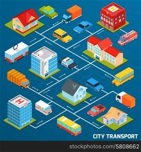 Public and personal transport isometric flowchart with city buildings vector illustration. Transport Isometric Flowchart