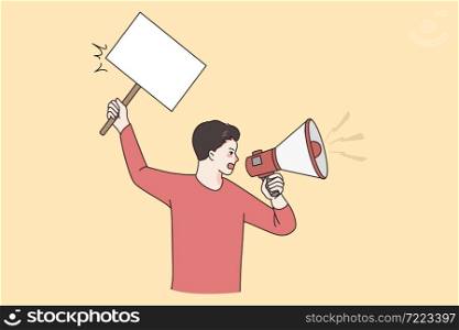 Public announcement and promotion concept. Young active man standing and shouting in speaker with white blank sign in hand vector illustration . Public announcement and promotion concept.