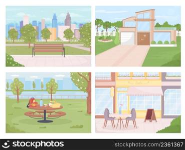 Public areas in city for relaxation flat color vector illustration set. Coffee shop. Outdoor venue 2D simple cartoon landscapes and cityscape with buildings on background collection. Caveat font used. Public areas in city for relaxation flat color vector illustration set