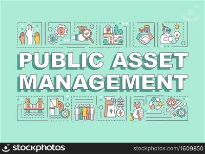 Public asset management word concepts banner. Managing government finance. Infographics with linear icons on mint background. Isolated typography. Vector outline RGB color illustration. Public asset management word concepts banner