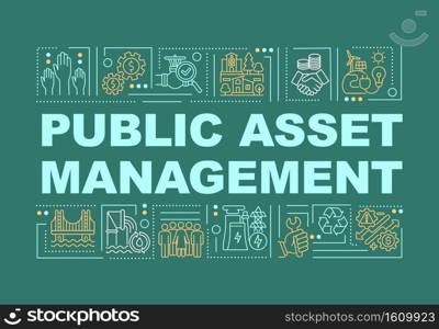 Public asset management word concepts banner. Managing government finance. Infographics with linear icons on green background. Isolated typography. Vector outline RGB color illustration. Public asset management word concepts banner