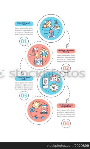 Public bicycle scheme rules vector infographic template. Safe zones presentation outline design elements. Data visualization with 4 steps. Process timeline info chart. Workflow layout with line icons. Public bicycle scheme rules vector infographic template