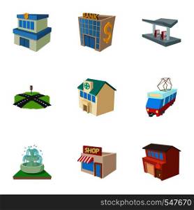 Public building icons set. Cartoon illustration of 9 public building vector icons for web. Public building icons set, cartoon style