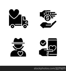 Public charity black glyph icons set on white space. Donating motor vehicle. Microphilanthropy. Anonymous donor. Text-to-donate. Silhouette symbols. Solid pictogram pack. Vector isolated illustration. Public charity black glyph icons set on white space