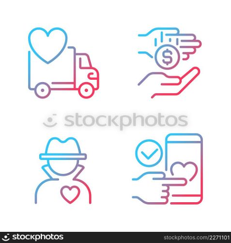 Public charity gradient linear vector icons set. Donating motor vehicle. Microphilanthropy. Anonymous donor. Thin line contour symbol designs bundle. Isolated outline illustrations collection. Public charity gradient linear vector icons set