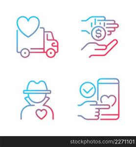 Public charity gradient linear vector icons set. Donating motor vehicle. Microphilanthropy. Anonymous donor. Thin line contour symbol designs bundle. Isolated outline illustrations collection. Public charity gradient linear vector icons set