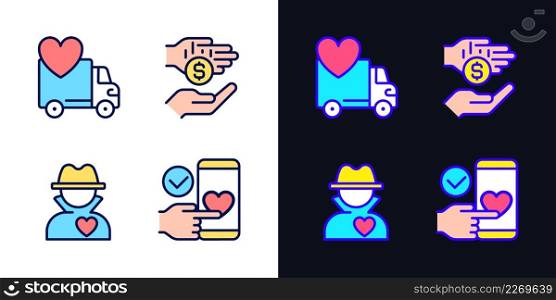 Public charity pixel perfect light and dark theme color icons set. Donating motor vehicle. Anonymous donor. Simple filled line drawings. Bright cliparts on white and black. Editable stroke. Public charity pixel perfect light and dark theme color icons set