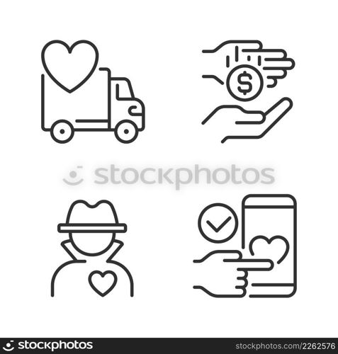 Public charity pixel perfect linear icons set. Donating motor vehicle. Microphilanthropy. Anonymous donor. Customizable thin line symbols. Isolated vector outline illustrations. Editable stroke. Public charity pixel perfect linear icons set