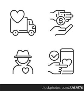 Public charity pixel perfect linear icons set. Donating motor vehicle. Microphilanthropy. Anonymous donor. Customizable thin line symbols. Isolated vector outline illustrations. Editable stroke. Public charity pixel perfect linear icons set