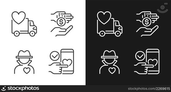 Public charity pixel perfect linear icons set for dark, light mode. Donating motor vehicle. Anonymous donor. Thin line symbols for night, day theme. Isolated illustrations. Editable stroke. Public charity pixel perfect linear icons set for dark, light mode