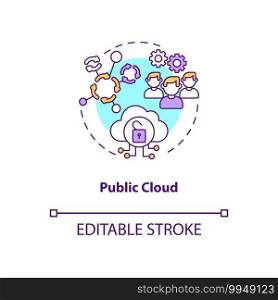 Public cloud concept icon. SaaS deployment model idea thin line illustration. Providing cloud resources. Testing, development environments. Vector isolated outline RGB color drawing. Editable stroke. Public cloud concept icon
