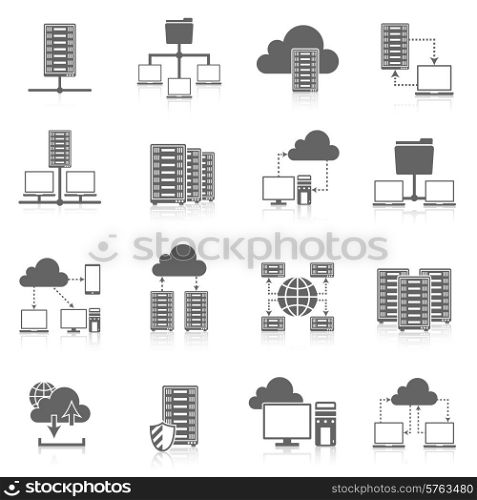 Public cloud secure data storage internet service hosting connected network users files black abstract isolated vector illustration. Hosting service black icons set