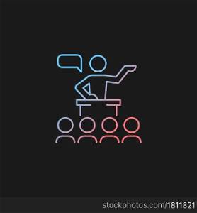 Public communication gradient vector icon for dark theme. Sharing information to audience. Conferences, seminars. Thin line color symbol. Modern style pictogram. Vector isolated outline drawing. Public communication gradient vector icon for dark theme