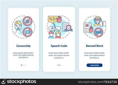 Public communication limitations onboarding mobile app page screen. Censorship walkthrough 3 steps graphic instructions with concepts. UI, UX, GUI vector template with linear color illustrations. Public communication limitations onboarding mobile app page screen