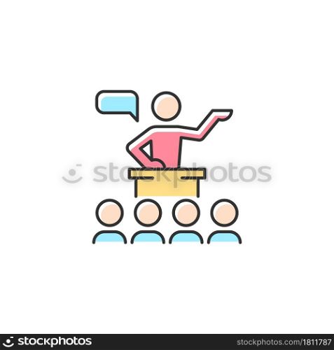 Public communication RGB color icon. Sharing information to audience. Conferences, seminars. Engaging groups in dialogue. Public speaking. Isolated vector illustration. Simple filled line drawing. Public communication RGB color icon