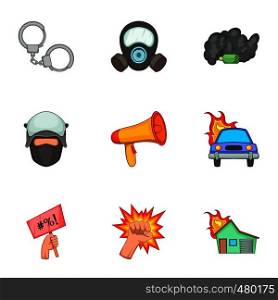 Public disorder icons set. Cartoon set of 9 public disorder vector icons for web isolated on white background. Public disorder icons set, cartoon style
