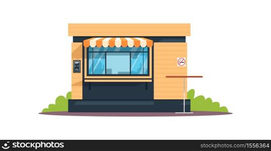 Public eatery semi flat RGB color vector illustration. Small outdoor cafe, snackbar, buffet. Cafferetia front windows. No smoking area. Isolated cartoon object on white background. Public eatery semi flat RGB color vector illustration