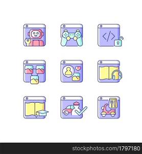 Public-facing internet applications RGB color icons set. Robotics platforms. Playing video games. Open source code. Photo sharing. Isolated vector illustrations. Simple filled line drawings collection. Public-facing internet applications RGB color icons set