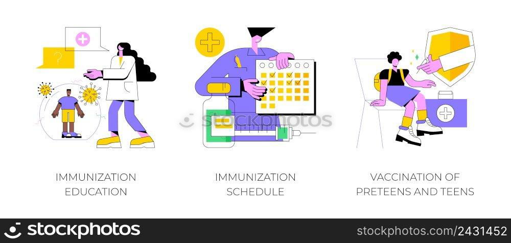 Public health program abstract concept vector illustration set. Immunization education and schedule, vaccination of teens, children vaccination calendar, infectious disease abstract metaphor.. Public health program abstract concept vector illustrations.