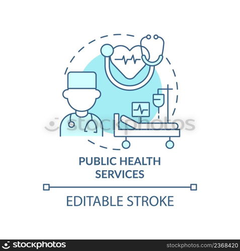 Public health services turquoise concept icon. Healthcare. Social planning example abstract idea thin line illustration. Isolated outline drawing. Editable stroke. Arial, Myriad Pro-Bold fonts used. Public health services turquoise concept icon