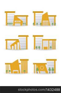 Public institutional building facade, commercial house, supermarket, government city estate, town line icons. Flat design vector illustration symbol concept. isolated on white background