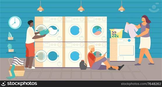 Public laundry flat composition with view of self service laundry with washing machines bowls and people vector illustration