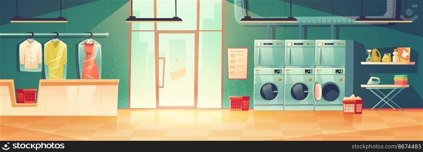 Public laundry or dry cleaning with laundromat washing machines, dryers, counter desk with hanger for clean clothing wrapped into cellophane. Empty room with glass door, Cartoon vector illustration. Public laundry or dry cleaning washing machines
