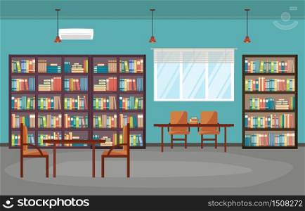 Public Library Interior Stack of Book on Bookshelf Flat Design