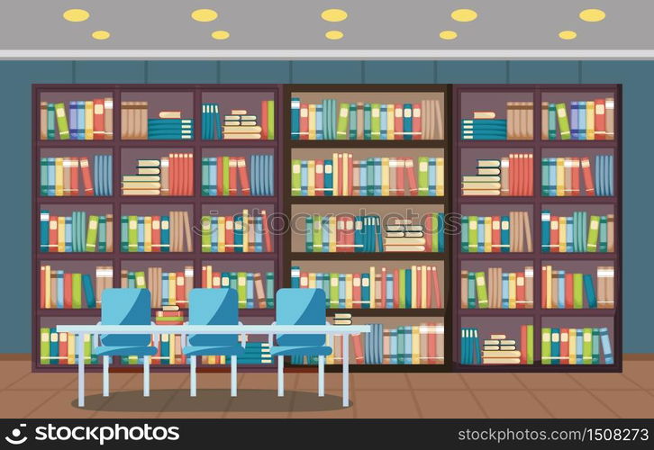 Public Library Interior Stack of Book on Bookshelf Flat Design