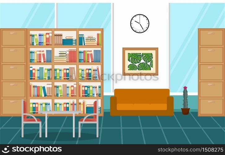 Public Library Interior Stack of Book on Bookshelf Flat Design