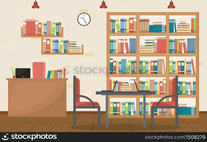 Public Library Interior Stack of Book on Bookshelf Flat Design