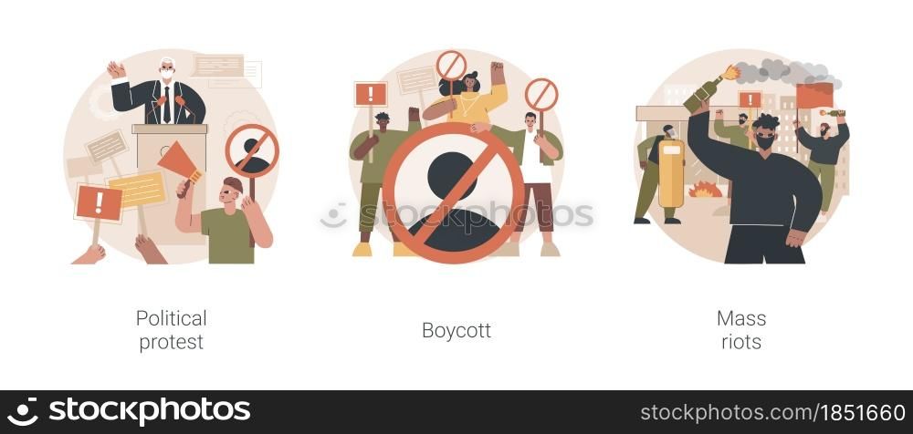 Public objection and disapproval abstract concept vector illustration set. Political protest, boycott, mass riots, demonstration, mass protest, consumer activism, street action abstract metaphor.. Public objection and disapproval abstract concept vector illustrations.