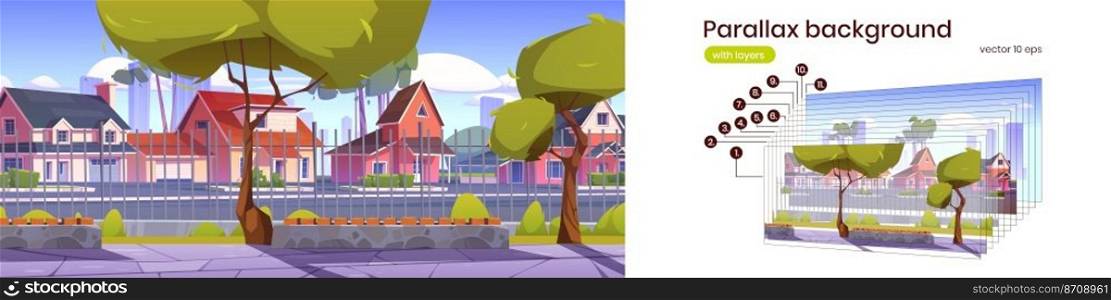 Public park in suburb district with green trees and benches. Summer landscape with garden and suburban street with houses behind fence, vector cartoon parallax background ready for 2d animation. Public park in suburb district with green trees