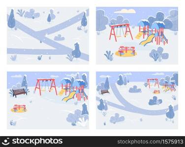 Public park in winter time flat color vector illustration set. Recreational area covered with snow. Equipment for children playground. 2D cartoon landscape with snowy trees on background collection. Public park in winter time flat color vector illustration set