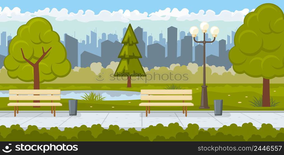Public park with asphalt path vector illustration. City park with green trees and benches in row. Summer illustration