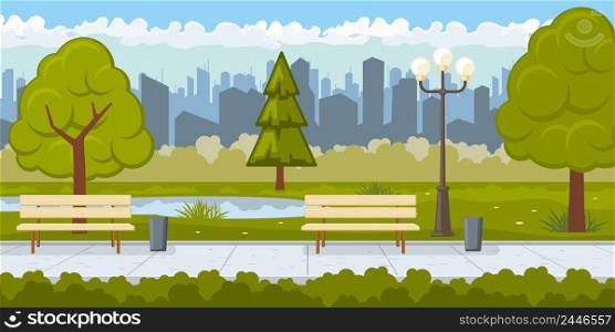 Public park with asphalt path vector illustration. City park with green trees and benches in row. Summer illustration