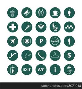 Public place navigation vector icons. Toilet, restaurant and elevator pictograms. Restaurant and toilet icons, illustration of elevator and info sings. Public place navigation vector icons. Toilet, restaurant and elevator pictograms