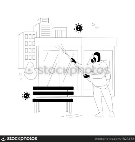Public place sanitizing abstract concept vector illustration. Surfaces cleaning, chemical disinfectant, covid19 virus spread, prevention measures, public health, remove germs abstract metaphor.. Public place sanitizing abstract concept vector illustration.