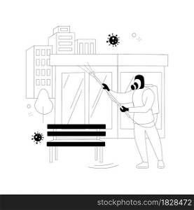 Public place sanitizing abstract concept vector illustration. Surfaces cleaning, chemical disinfectant, covid19 virus spread, prevention measures, public health, remove germs abstract metaphor.. Public place sanitizing abstract concept vector illustration.