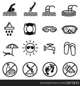 Public pool vector warning signs. Swimming rules icons. Public rule in water pool, illustration of restriction and prohibited in swimming pool. Public pool vector warning signs. Swimming rules icons