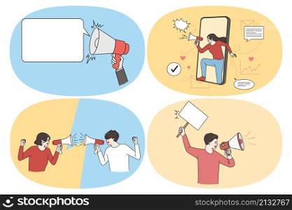 Public promotion and Advertisement concept. Set of young people shouting screaming to megaphone speaker trying to attract attention showing sales news and business strategy vector illustration. Public promotion and Advertisement concept