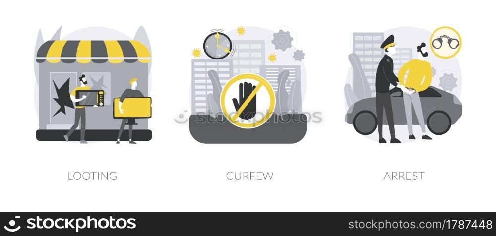 Public protest abstract concept vector illustration set. Looting and curfew, arrest, street action, stolen goods, meeting and vandalism, riot police, violence and crime, detention abstract metaphor.. Public protest abstract concept vector illustrations.